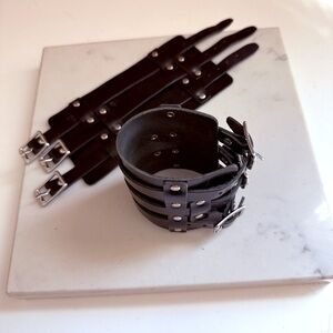 Men's Black Genuine Leather Stainless Steel Strap Wristband